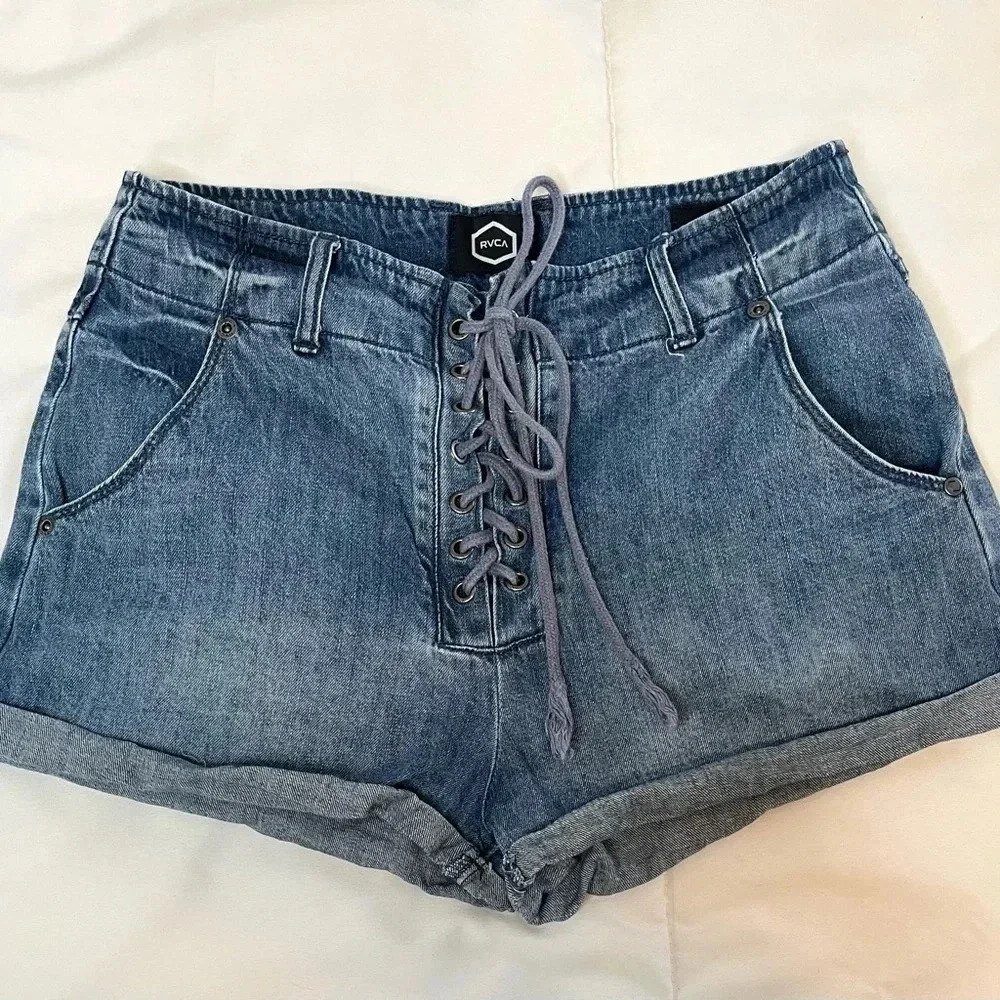 RVCA Valley Jean Shorts Womens Size 26 Tie Front Mid Rise Relaxed Blue